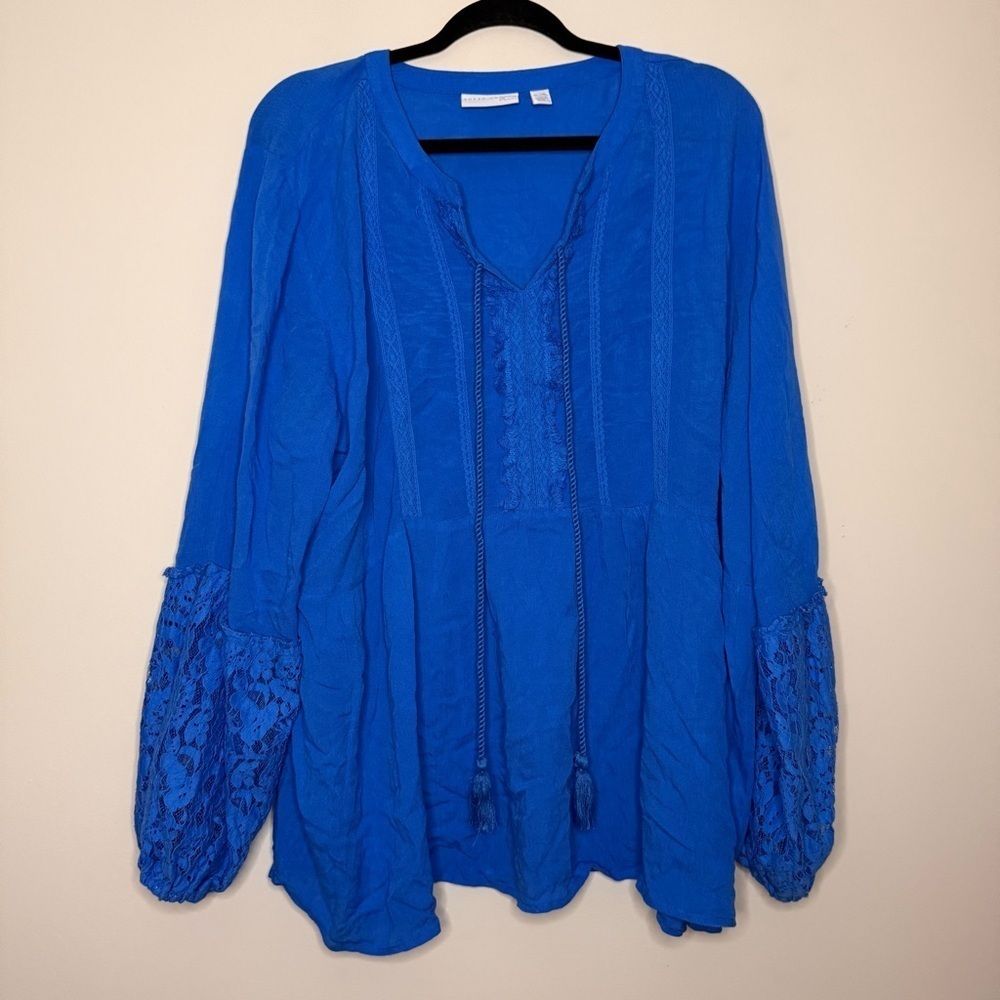 SUSAN GRAVER Pure Boho Blue Lace Blouson Sleeve Flowy Peasant Blouse Top